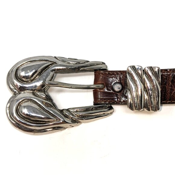 Vintage 90s Hartnell Belt Brown Alligator Grain Calfskin Leather Silver Buckle - Picture 12 of 13